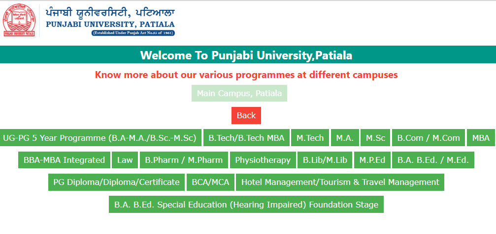 Punjabi University Patiala Admission link page
